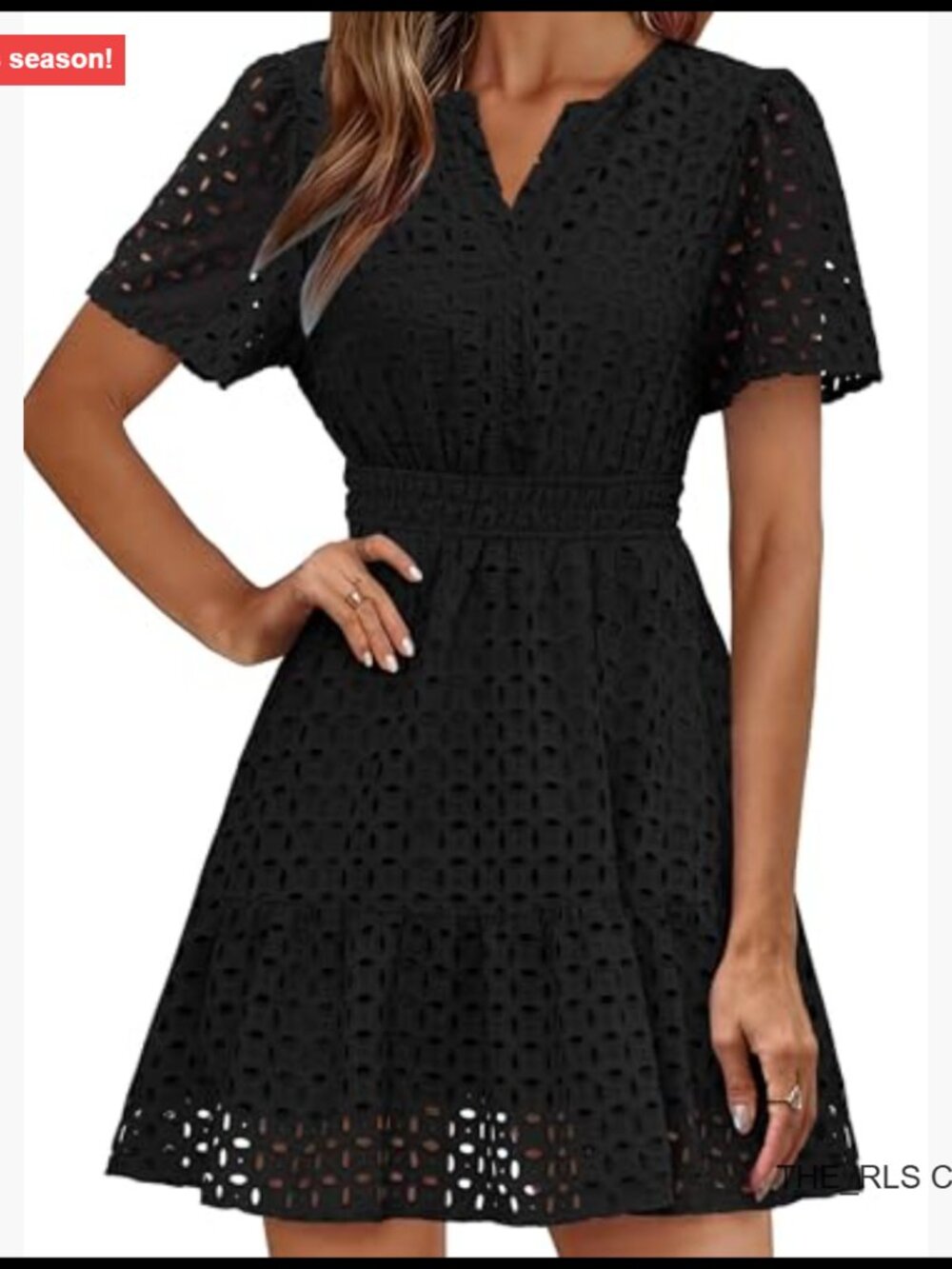 V-Neck Eyelet Lace A-Line Short Dress, 80% Polyester 20% Cotton - Picture 2 of 7